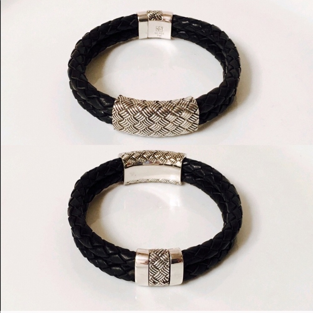 Sterling Silver Woven Black Leather Bracelet - Picture 2 of 8